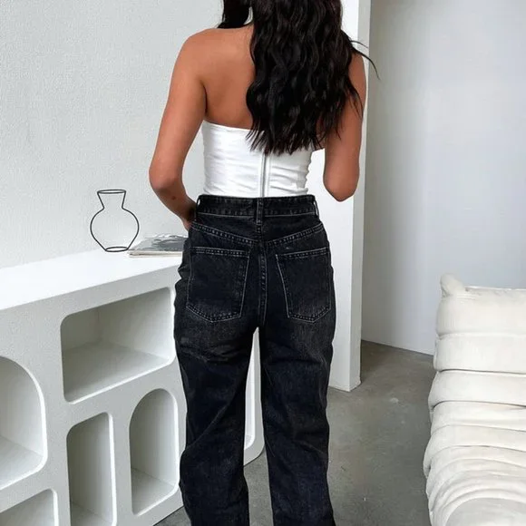 THATSSOFETCH Varski Semi-Wide Leg Black High Waisted Raw Hem Jeans - Picture 2 of 11